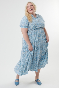 Womens blue and cream short puff sleeve modest dress